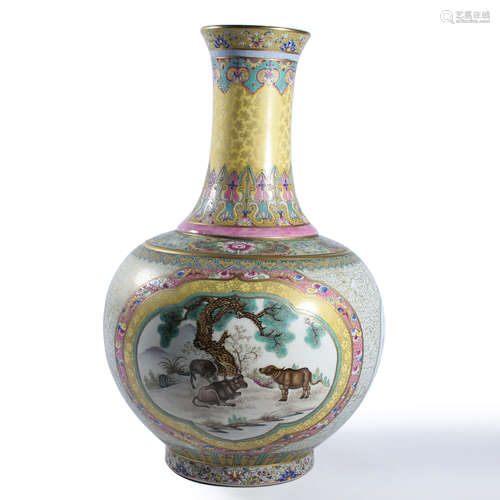 A Famille Rose Bull Bottle Vase