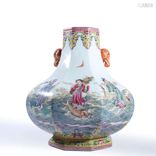 A Famille Rose Eight Treasures Hexagonal Vase