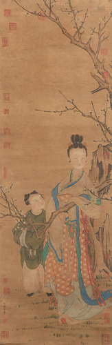 Wang Juzheng  Lady And Kid Painting Scroll