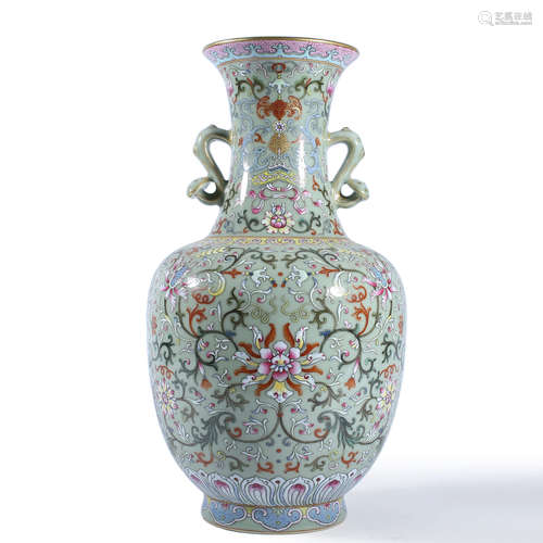 A Famille Rose Flower Double-Eared Vase