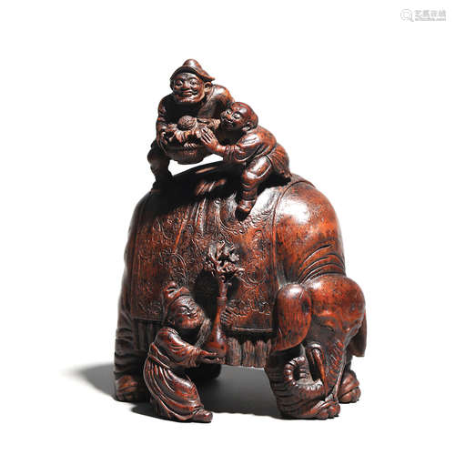 A Carved Bamboo Figure And Elephant Ornament