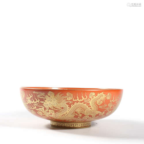 A Coral-Red Ground Dragon Bowl