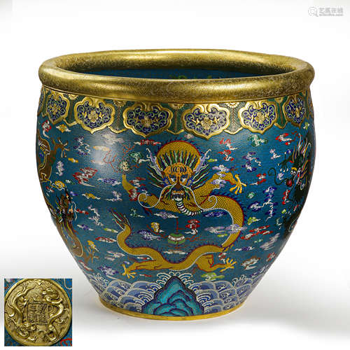 GILT BRONZE CLOISONNÉ DRAGON-PATTERNED LARGE POT, THE QIANLO...