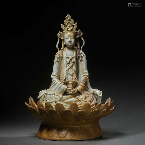 HUTIAN WARE CELADON GUANYIN SEATED STATUE, YUAN DYNASTY, CHI...