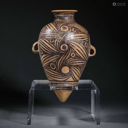 CHINESE MAJIAYAO CULTURE RED POTTERY PAINTED WITH TWO HANDLE...