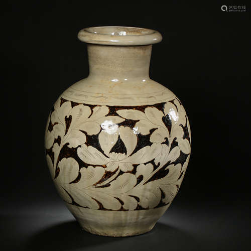 GANGWA WARE LARGE JAR WITH BLACK FLOWERS CARVED ON WHITE BAC...