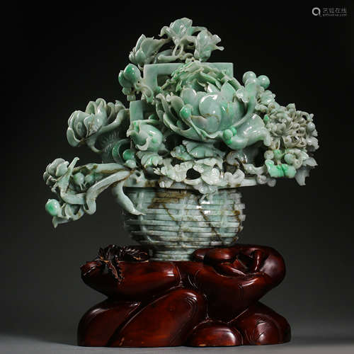 QING DYNASTY, CHINESE JADE CARVED FLOWER BASKET