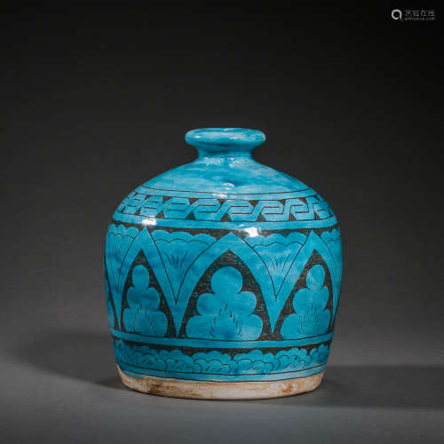 CIZHOU WARE PEACOCK BLUE PLUM VASE CARVED AND INCISED WITH F...