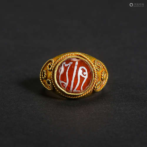 INDIAN ANCIENT PURE GOLD INLAID AGATE RING