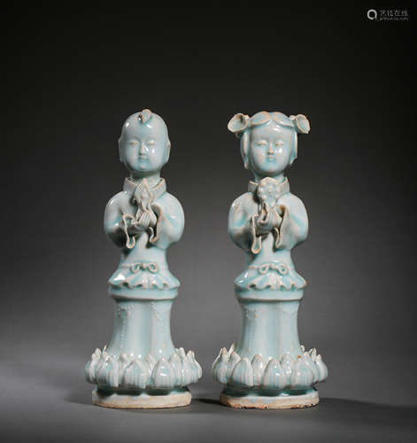 A PAIR OF CELADON BOY AND GIRL, HUTIAN WARE, SOUTHERN SONG D...