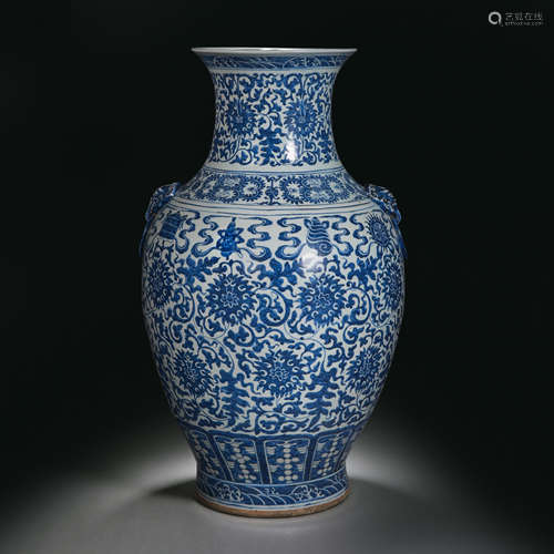 A LARGE BLUE AND WHITE DOUBLE-EARED VASE, THE QIANLONG PERIO...