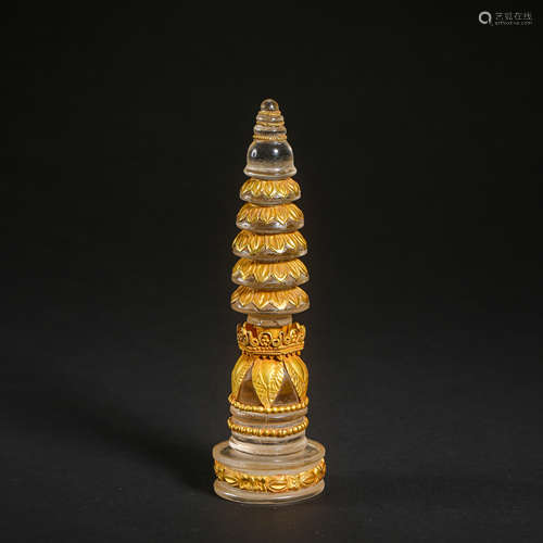 ANCIENT INDIAN PURE GOLD INLAID CRYSTAL STUPA