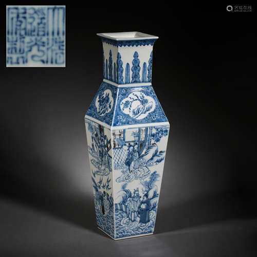 BLUE AND WHITE SQUARE VASE, QING DYNASTY, CHINA