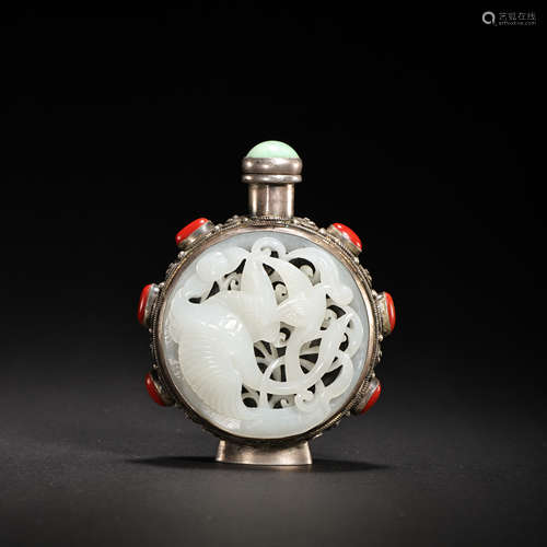 QING DYNASTY, CHINESE STERLING SILVER INLAID HETIAN JADE SNU...