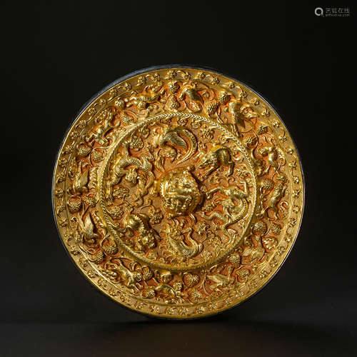 TANG DYNASTY, CHINESE BRONZE MIRROR INLAID PURE GOLD AND SEA...