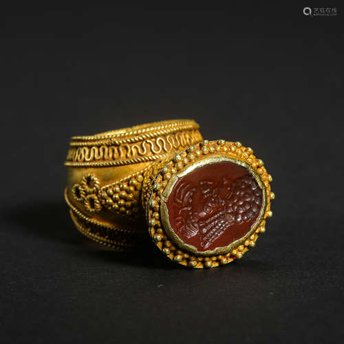 INDIAN ANCIENT PURE GOLD INLAID AGATE RING