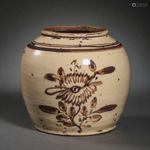 JIN DYNASTY, CHINESE CIZHOU WARE JAR BLACK FLOWER IN WHITE B...