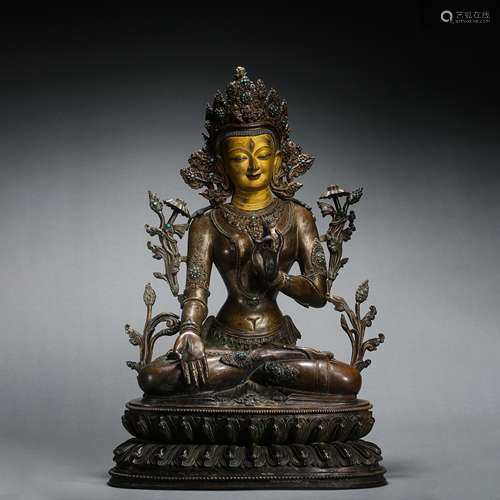 GILT BRONZE BUDDHA STATUE INLAID TURQUOISE, MING DYNASTY, CH...