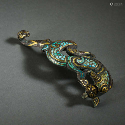 BRONZE BELT HOOK INLAID TURQUOISE AND GOLD, THE WARRING STAT...