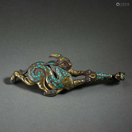 BRONZE BELT HOOK INLAID TURQUOISE AND GOLD, THE WARRING STAT...