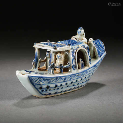 BLUE AND WHITE BOAT DECORATION, YUAN DYNASTY, CHINA