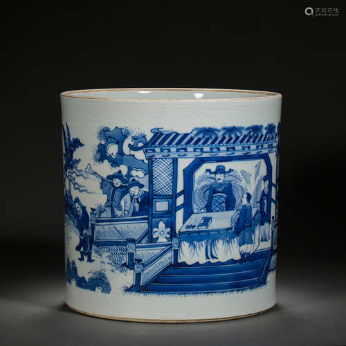 BLUE AND WHITE PORCELAIN PEN HOLDER, QING DYNASTY, CHINA