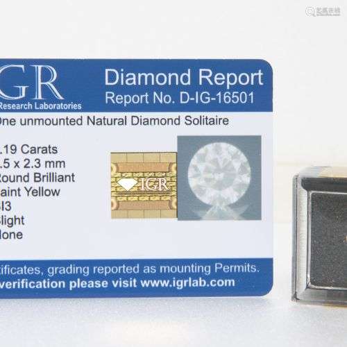 Diamant sous scellé 0.19 carat. Faint Yellow. SI3. Rapport I...