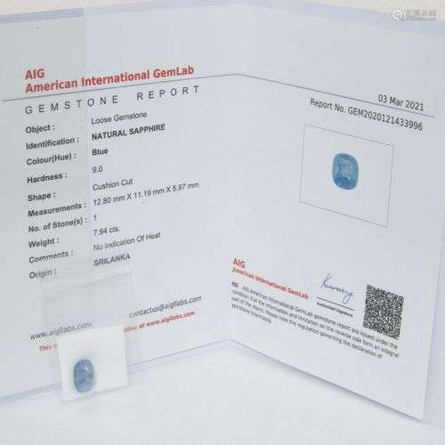 Saphir sur papier de 7.94 carats. Certificat AIG du 03/03/20...