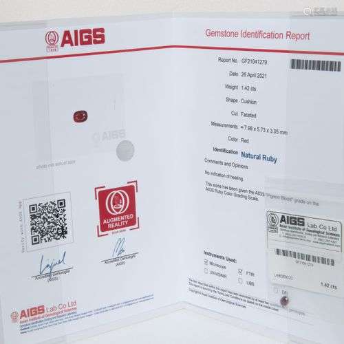 Rubis sur papier de 1.42 carats. Certificat AIGS du 26/04/20...