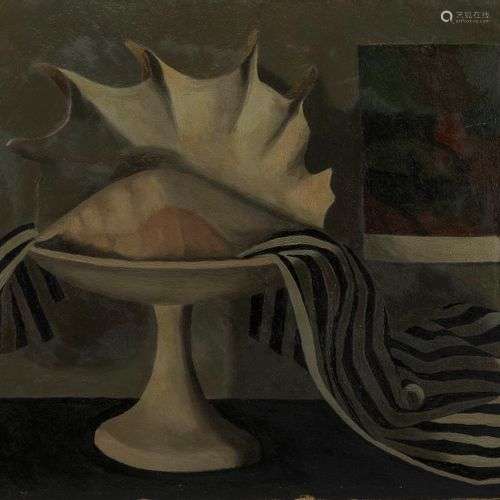 Jean Roll (1921-2015) Nature morte à la coupe, tissu rayé et...