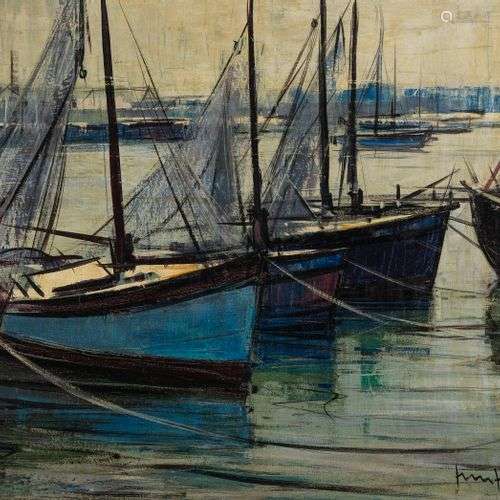 Walter Mafli (1915-2017) Bateaux dans les bleus, huile sur t...