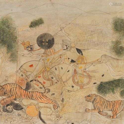 Ecole de Kota, Inde Chasse au tigre, gouache sur papier, 62x...