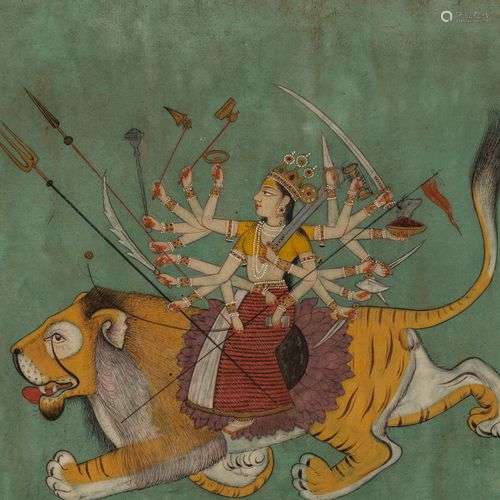 Ecole Pahari, Inde Durga sur un lion, gouache sur papier, 21...