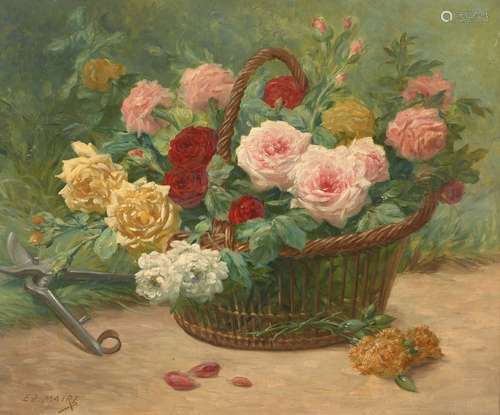 Edmond MAIRE 1862 - 1914Panier de roses et sécateurHuile sur...