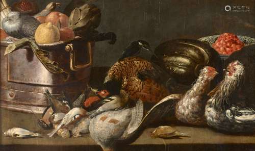 Ecole flamande du XVIIe siècle Poules, oiseaux et fruits sur...