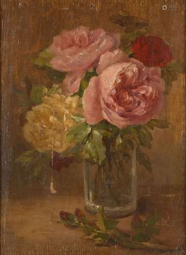 Edmond MAIRE 1862 - 1914Roses dans un verreHuile et rehauts ...