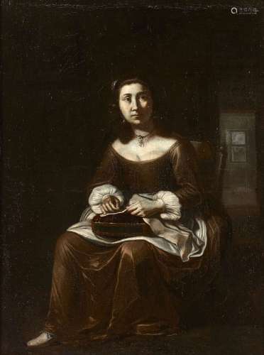 Italie du Nord, XVIIe siècle Jeune femme cousant dans un int...