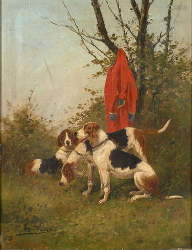 René VALETTE 1874 - 1956Chiens de meute et veste de piqueurH...