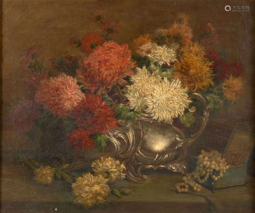 Edmond MAIRE 1862 - 1914Bouquet de dahlias dans un vase en a...