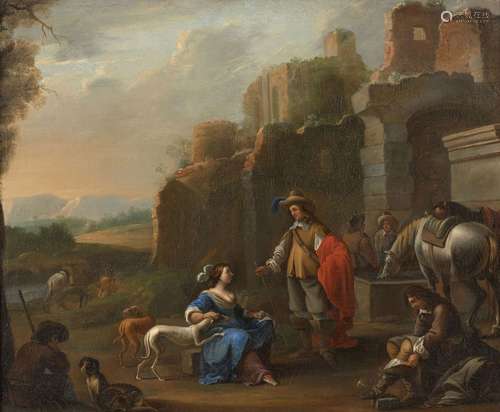 Ecole hollandaise vers 1700 Halte de cavaliers près de ruine...