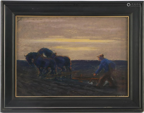 Farmer with 2-horse in a field at dusk