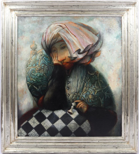 Woman at chessboard