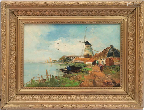 Dutch landscape with a mill on a lake