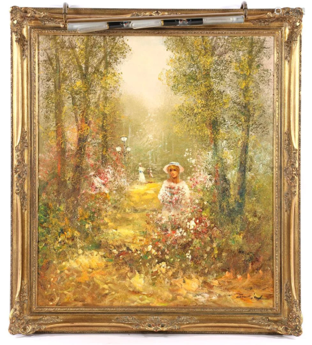 Figures on avenue through forest with flowers