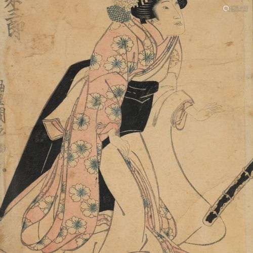 JAPON Jeune femme vêtue d'un long manteau à fleurs Estampe e...