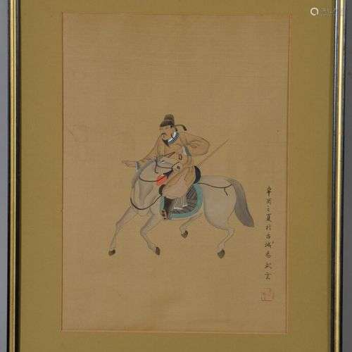 CHINE Peinture sur tissus représentant un cavalier. 38 x 27 ...