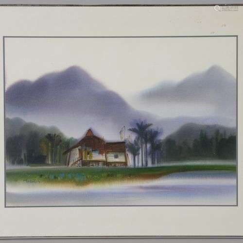 Ecole VIETNAMIENNE Maison de pêcheur Aquarelle et pastel. 54...