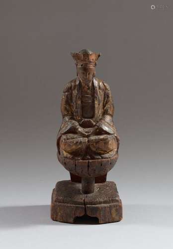 CHINE Statue de bouddha en bois sculpté polychrome et doré, ...