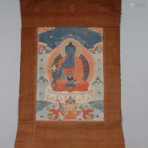 TIBET Thangka peint sur tissu représentant Bouddha assis. Ha...