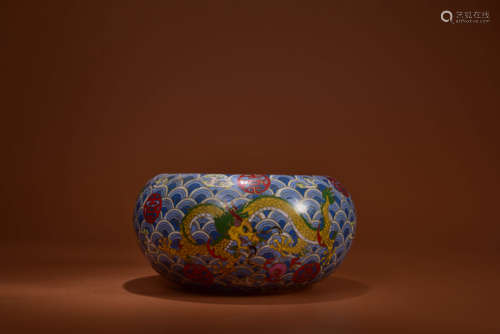 A CLOISONNE ENAMEL SEA AND DRAGON ALMS BOWL